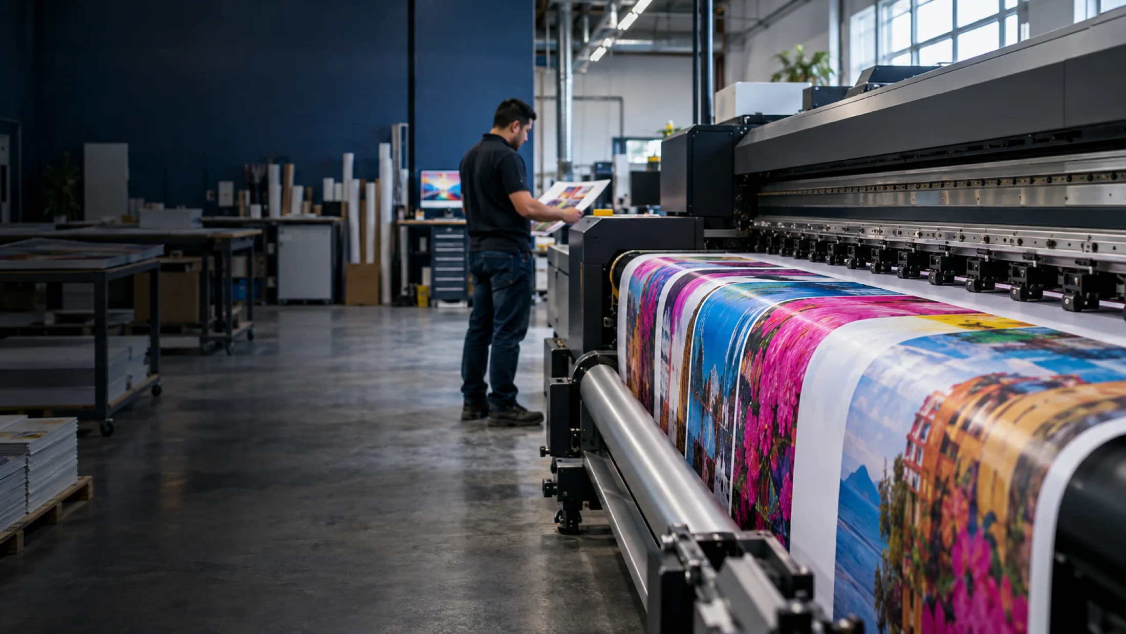 Impresora de gran formato produciendo un gráfico a color dentro de un taller